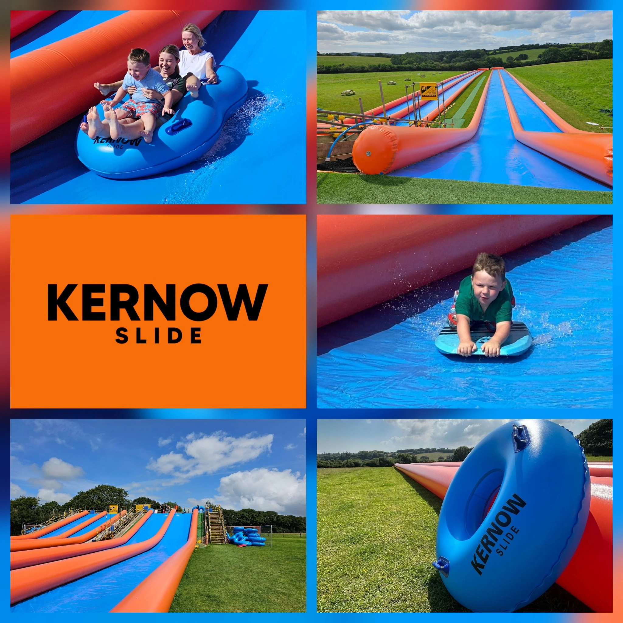 A family riding the Kernow Slide on inflatable rings
